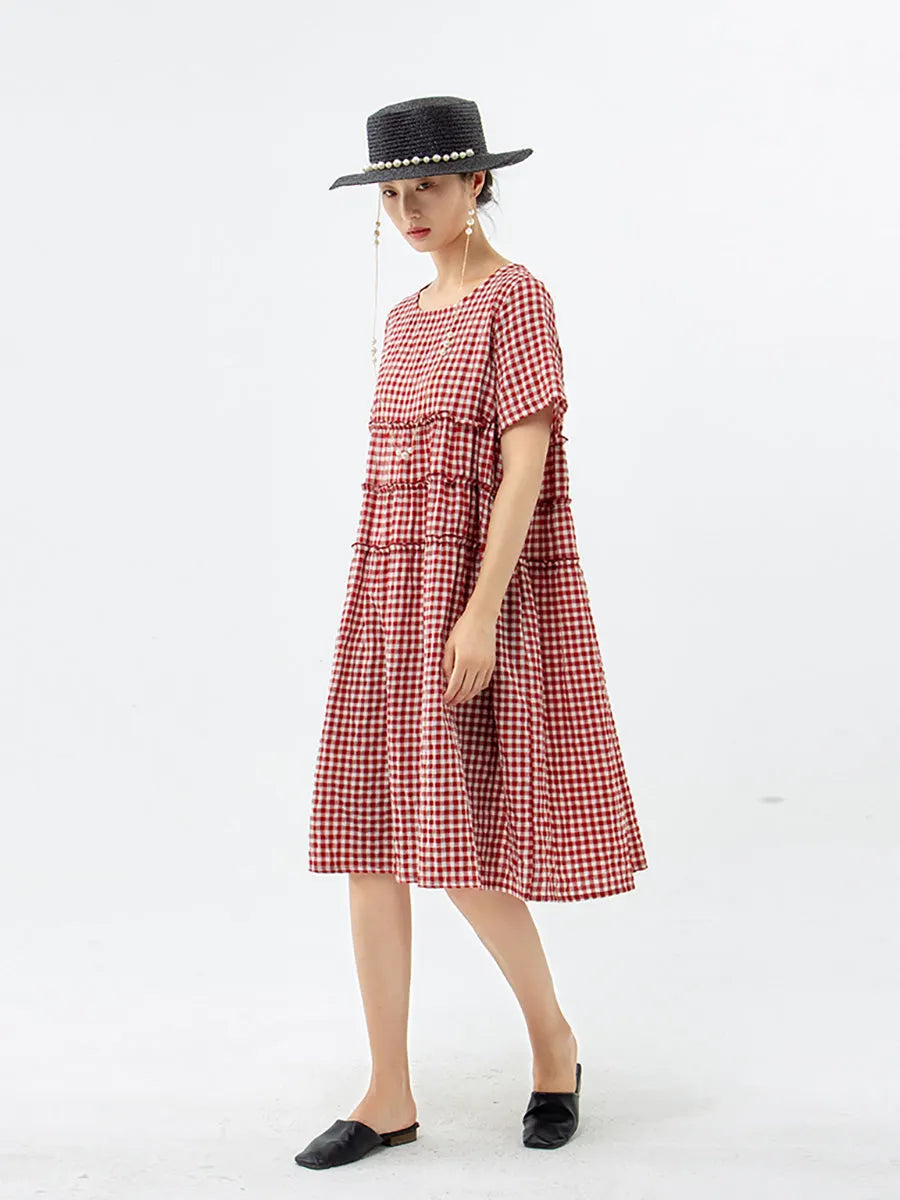 100%cotton Short Sleeve Plaid Dress