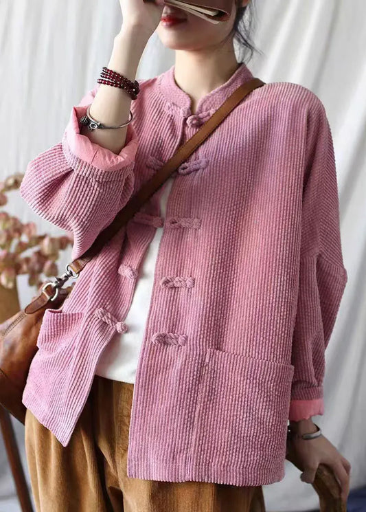 Pink Stand Collar Pockets Corduroy Jackets Spring