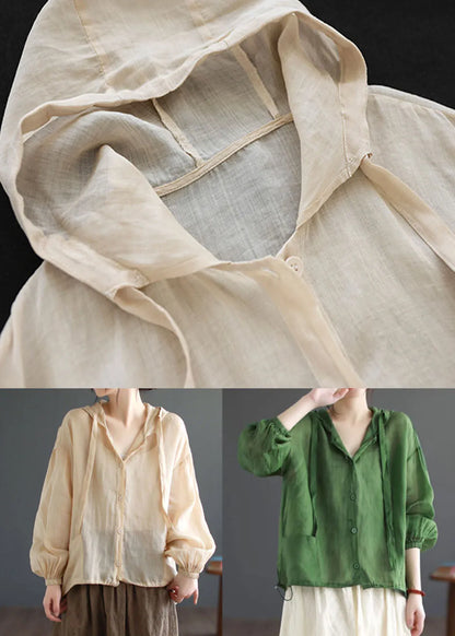 Green Hooded Pockets Patchwork Linen Thin Coat Summer