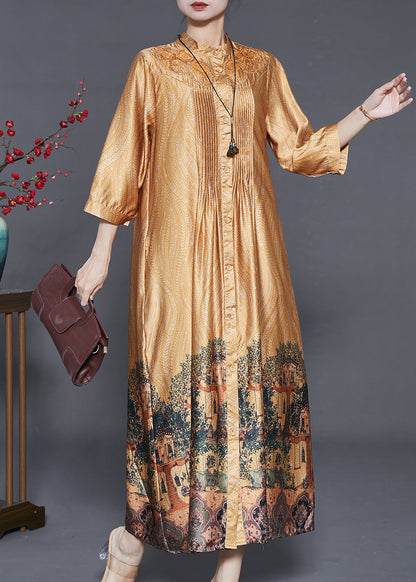 Yellow Hollow Out Print Wrinkled Silk Shirt Dresses Summer