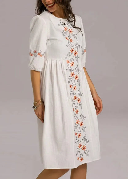 Loose White Embroidered Zippered Cotton Dresses Half Sleeve