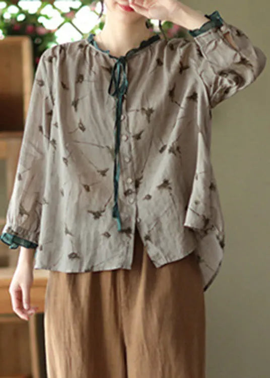 Grey Neck Tie Print Ramie Tops Long Sleeve