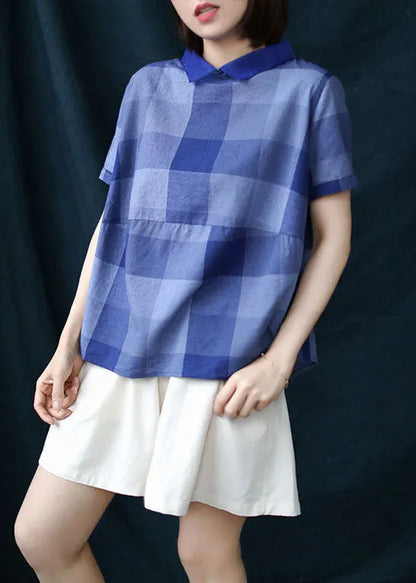 Blue Plaid Peter Pan Collar Patchwork Linen Shirt Tops Summer