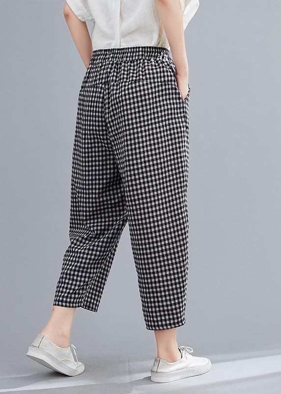 High-waist Cotton Linen Checked Harem Pants