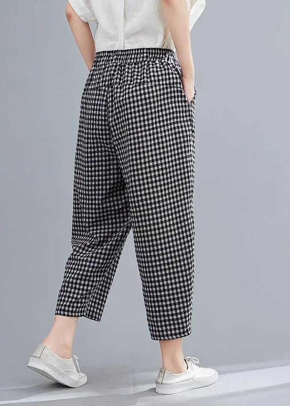 High-waist Cotton Linen Checked Harem Pants