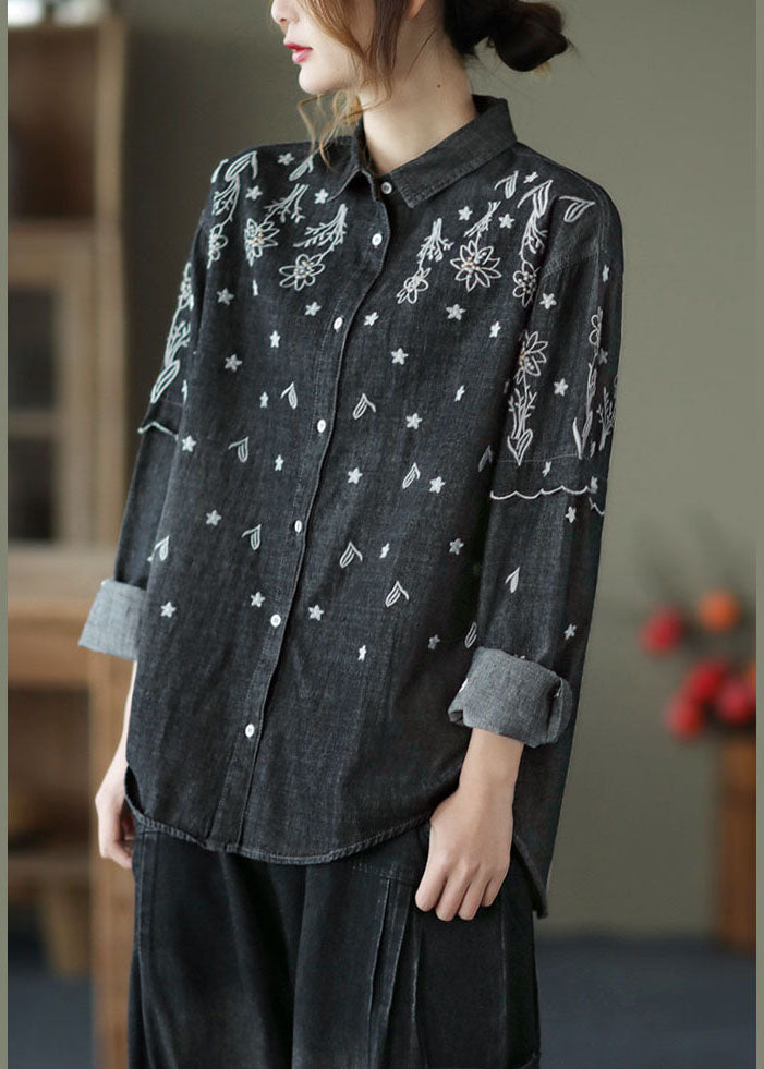 Black Patchwork Cotton Shirt Top Peter Pan Collar Embroidered Spring