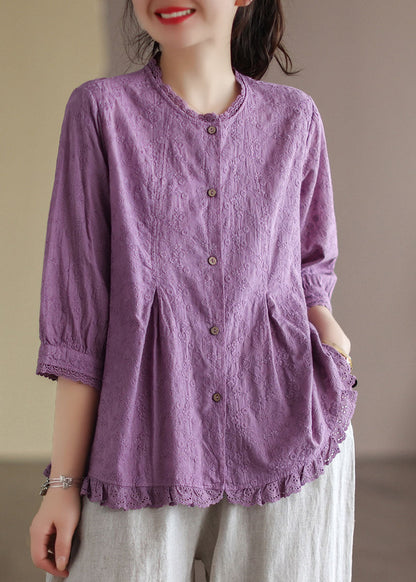 Purple Wrinkled Embroidered Linen Shirts Bracelet Sleeve