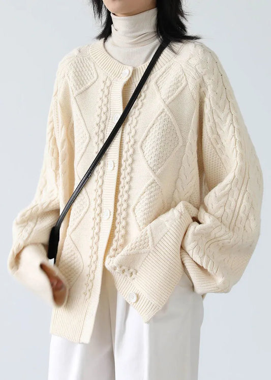 French Beige O Neck Button Cable Knit Coats Spring
