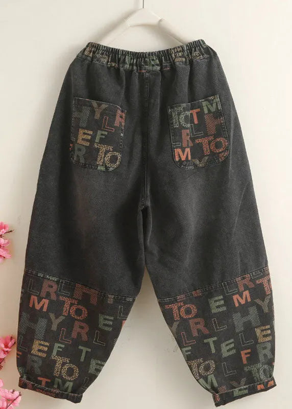 Black Pockets Graphic Print Denim Harem Pants Spring