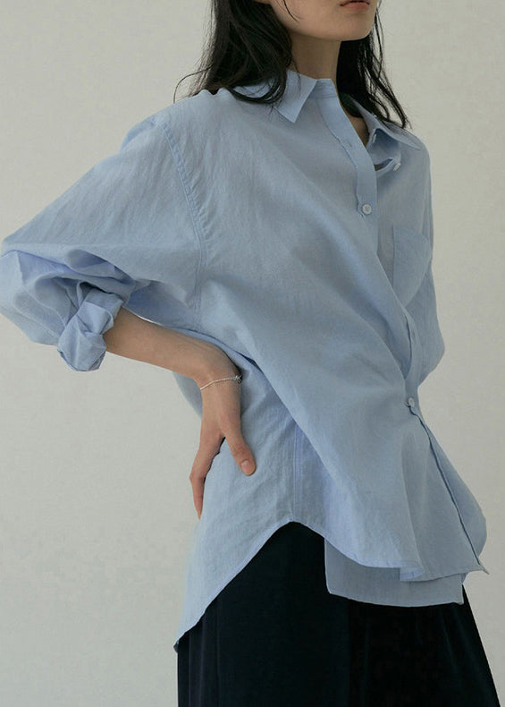 Loose Blue Peter Pan Collar Pockets Button Cotton Shirt Spring