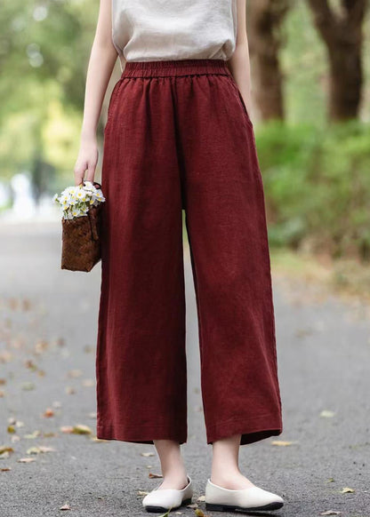 Wine Red Linen Summer Crop Pants Elastic Waist