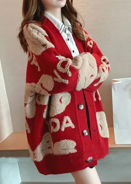 Black Animal Letter Button Cotton Knit Coat Long Sleeve