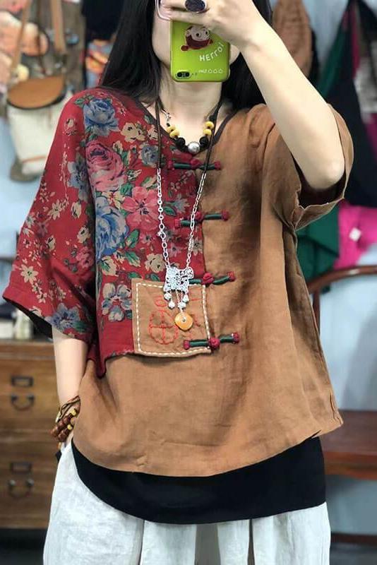 Embroidered Breasted V-neck Retro Stitching T-shirt