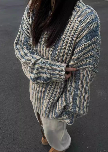 Boutique Blue O Neck Thick Striped Knit Sweaters Fall