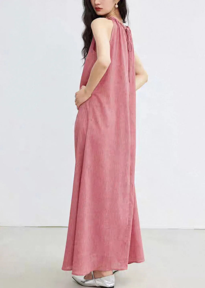 Pink Lace Up Cotton Long Dress Sleeveless