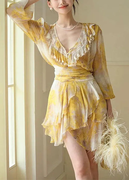 Stylish Yellow Ruffled Lace Print Chiffon Mid Dress Fall