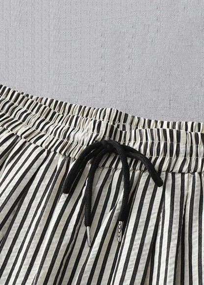 Striped Lace Up Elastic Waist Cotton Crop Pants Summer