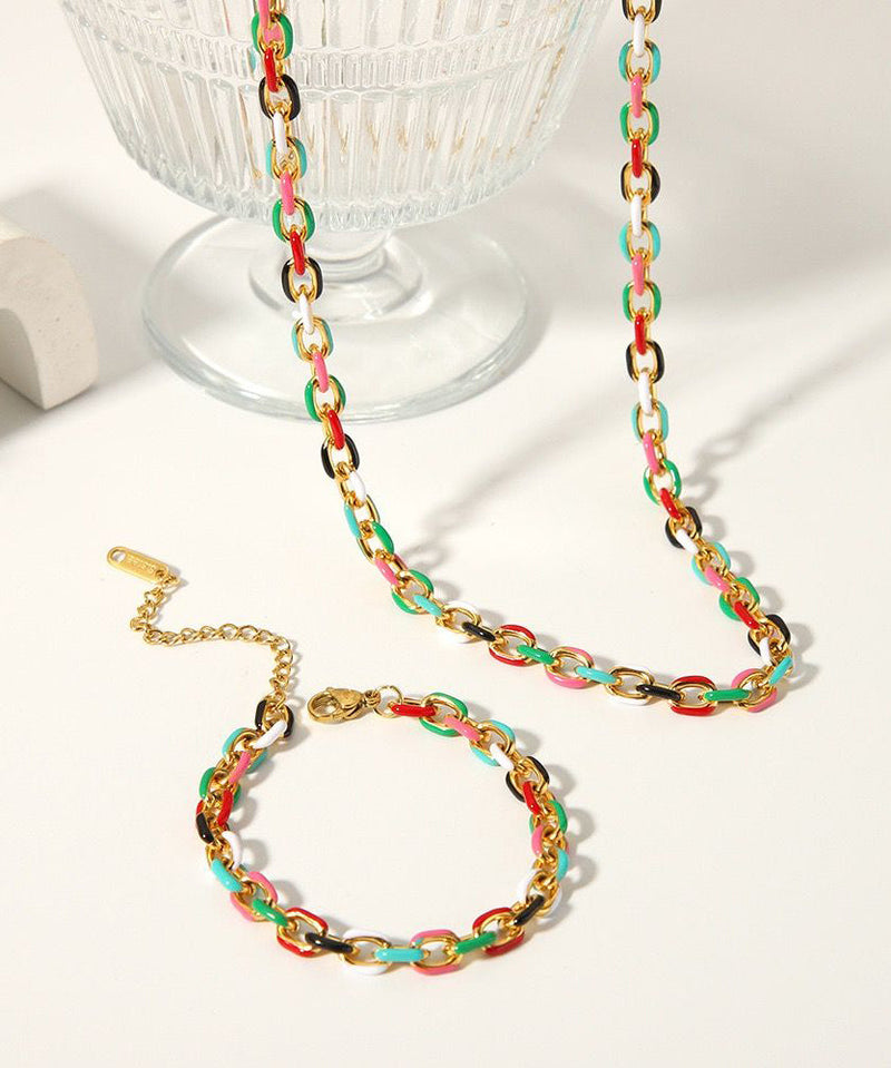 Rainbow Stainless Steel Drip Glaze Enamel Bracelet and Pendant Necklace Two Piece Set