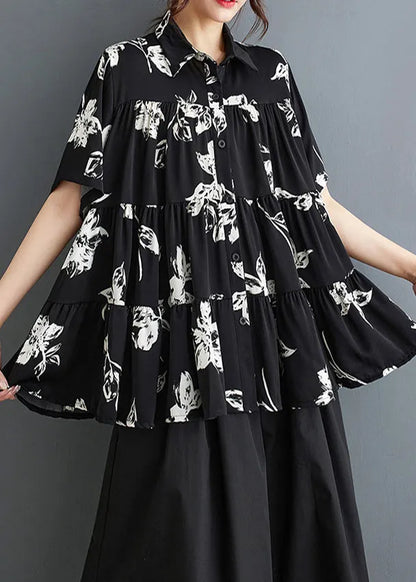 Black Print Cotton a Line Tops Oversized Summer