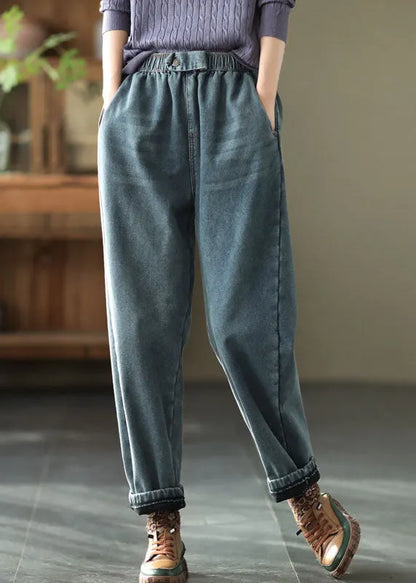 Denim Blue Elastic Waist Pockets Thick Warm Fleece Harem Pants Winter
