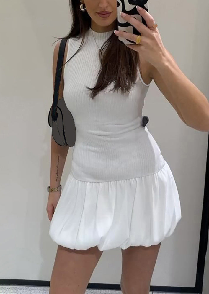 Stylish White Backless Patchwork Cotton Mid Dress Sleeveless