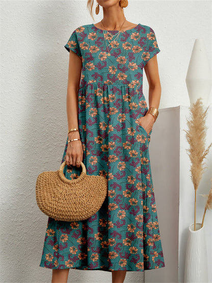 Round Neck Loose Cotton Linen Sleeveless Round Neck Print Dress