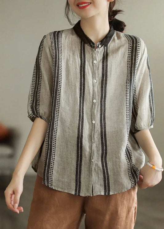 Black Grey Peter Pan Collar Print Patchwork Linen Shirt Top Summer