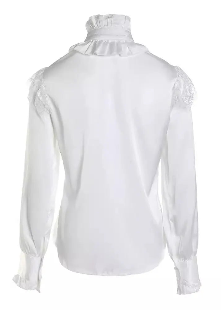 French White Ruffled Lace Tulle Patchwork Chiffon Tops Spring