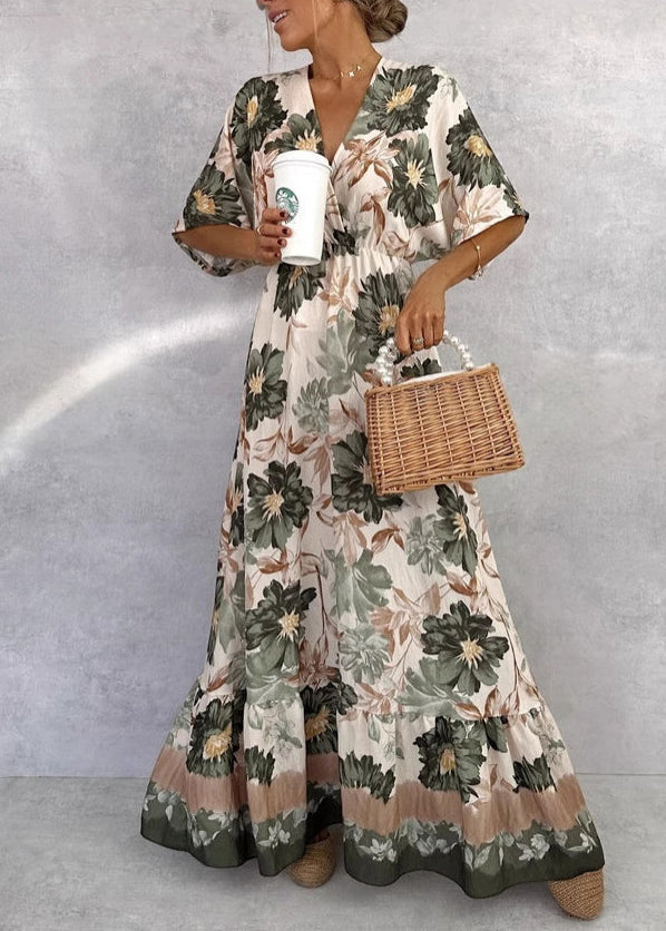 Green V Neck Print Cotton Maxi Dresses Butterfly Sleeve