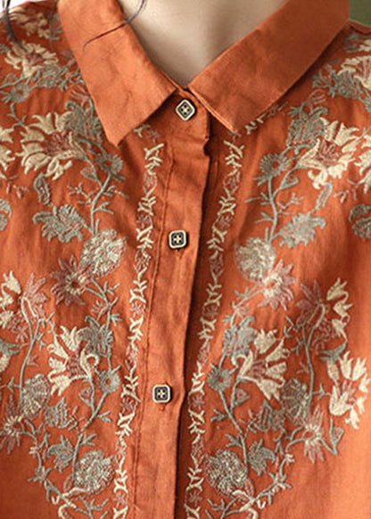 Orange Button Peter Pan Collar Embroidered Linen Blouses Spring