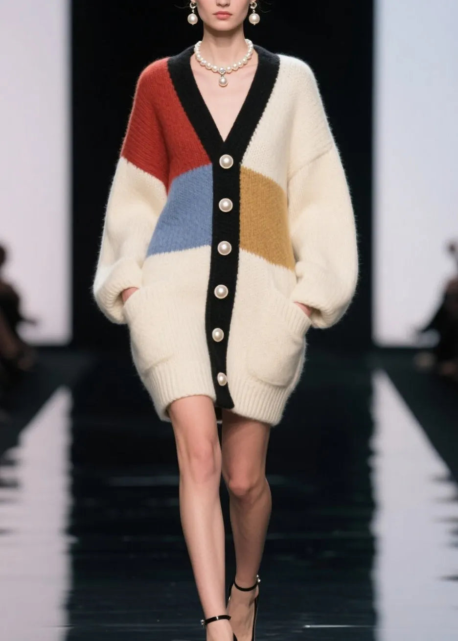 Colorblock V Neck Button Patchwork Knit Cardigan Fall