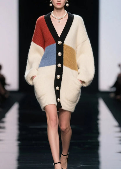 Colorblock V Neck Button Patchwork Knit Cardigan Fall