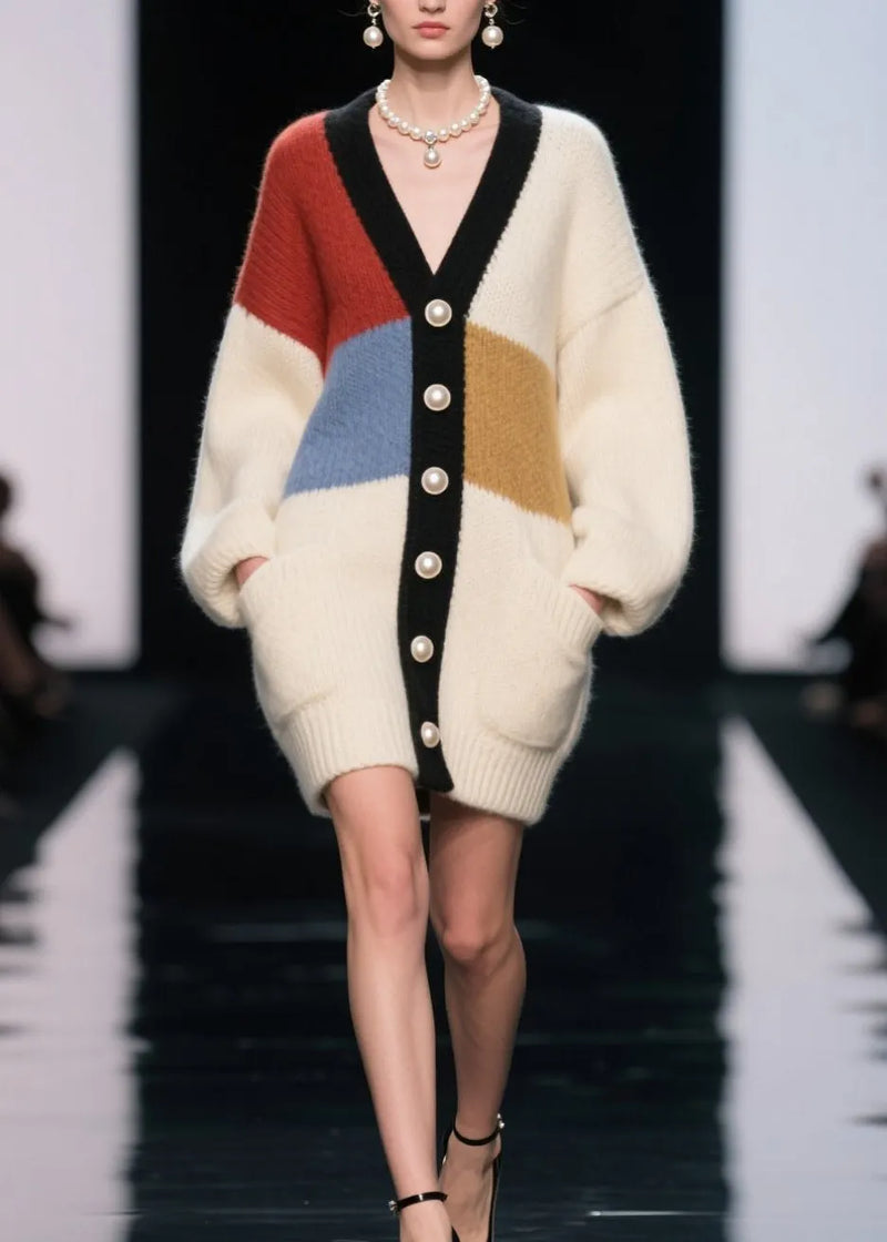 Colorblock V Neck Button Patchwork Knit Cardigan Fall