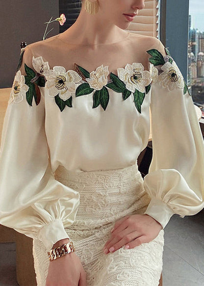 Fine Beige Embroidered Tulle Patchwork Silk Shirt Tops Spring