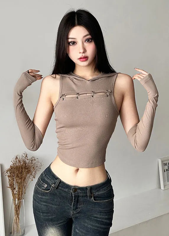 Spicy Girl Khaki Spliced Hooded Hollow Short Top