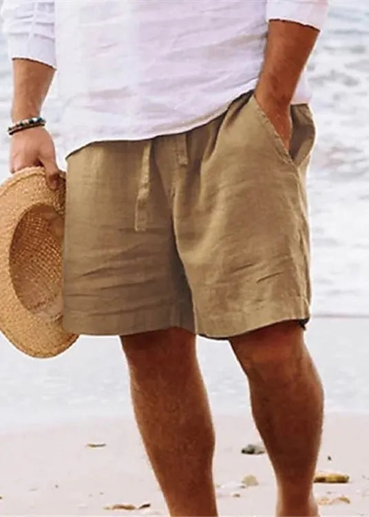 Simple Brown Pockets Elastic Waist Cotton Shorts Summer
