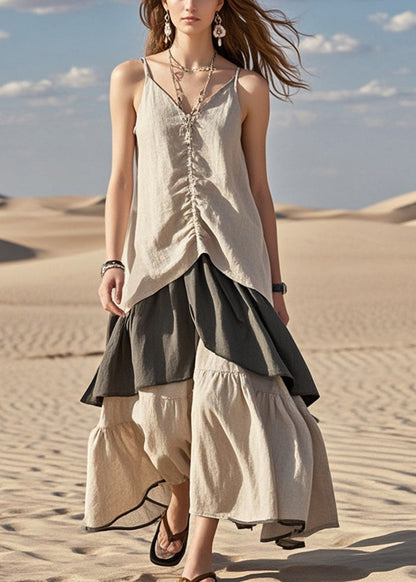 Khaki Patchwork Wrinkled Cotton Spaghetti Strap Dress Summer
