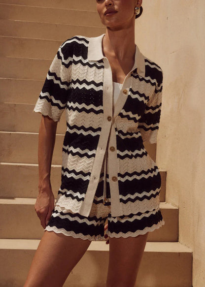 New Striped Cut Out Button Patchwork Knit Swimsuit Cover Up Set