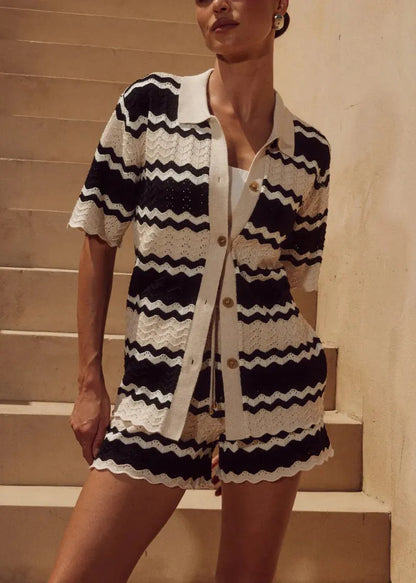 New Striped Cut Out Button Patchwork Knit Swimsuit Cover Up Set