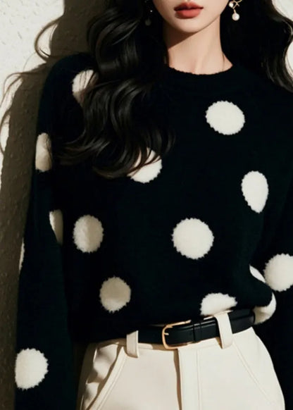 French Black O-neck Dot Print Cozy Cotton Knit Sweater Spring