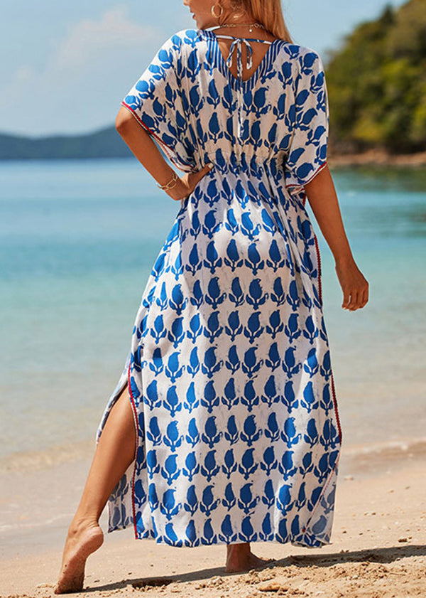 Blue O Neck Print Drawstring Side Open Cotton Dress Batwing Sleeve