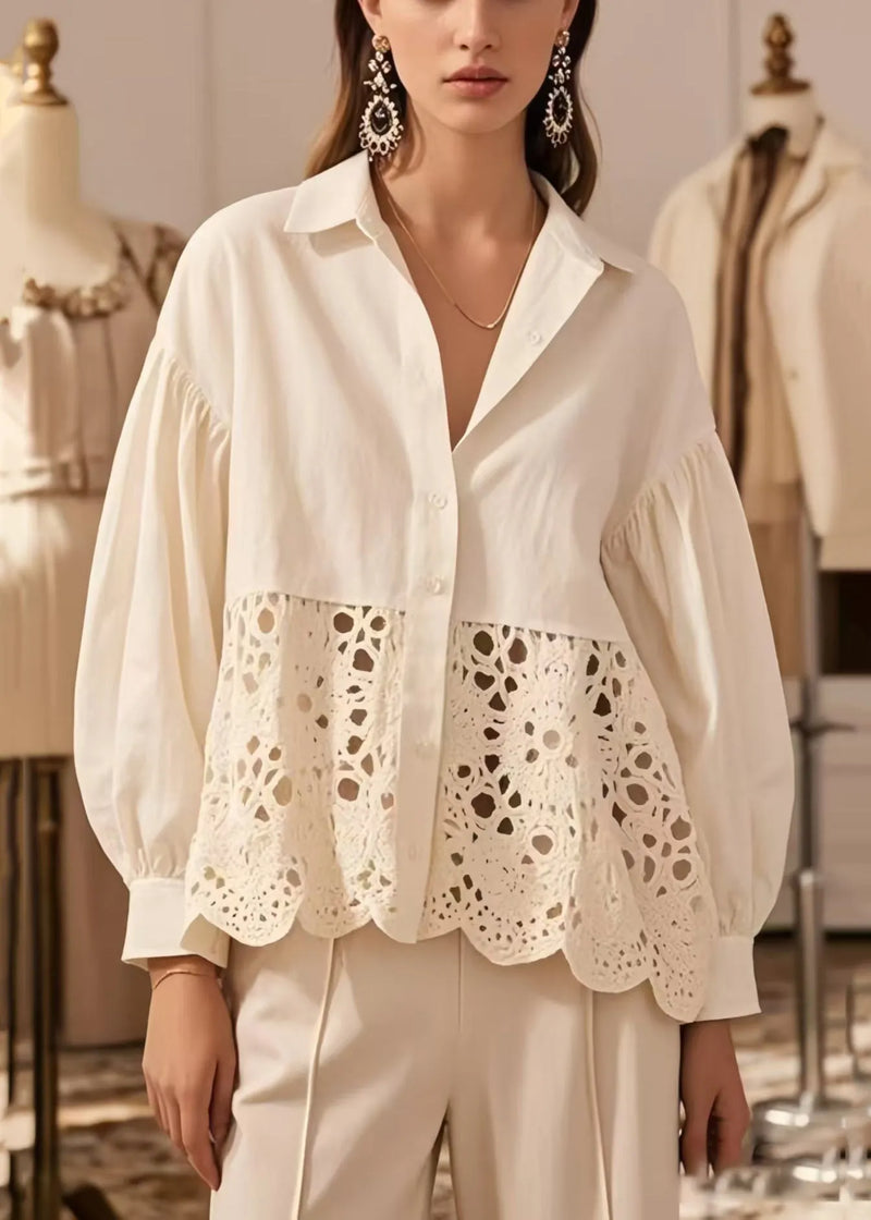 Fitted White Hollow Out Patchwork Cotton Shirts Spring