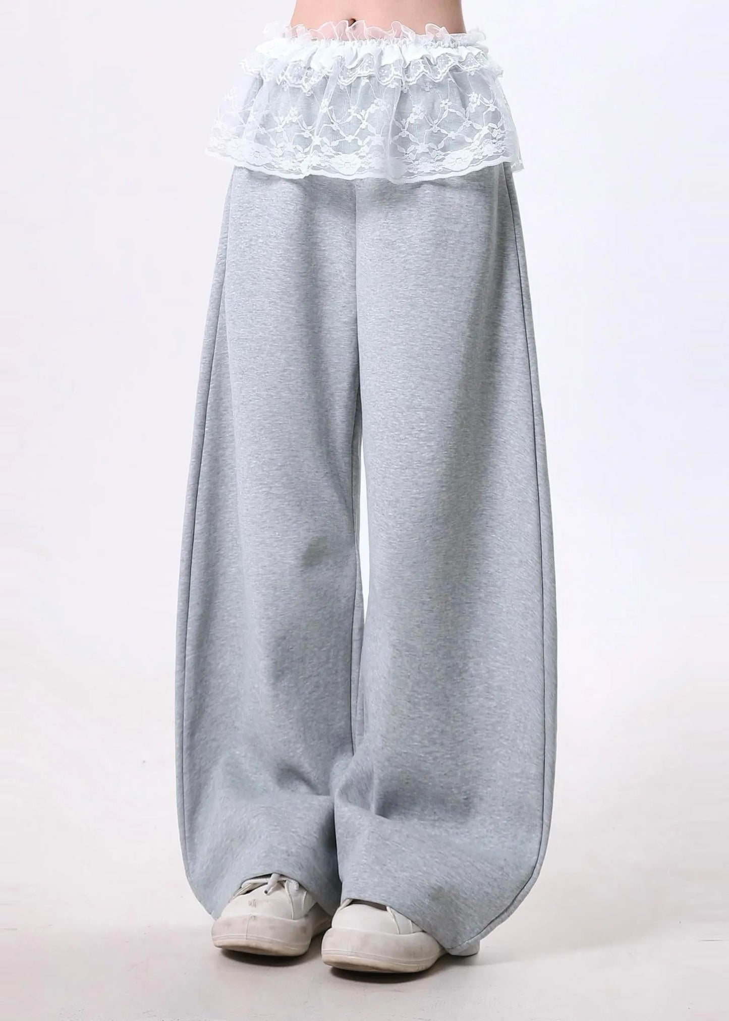 Grey Oversized Patchwork Lace Cotton Wide Leg Pants Spring