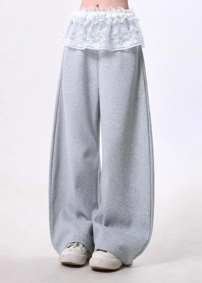 Grey Oversized Patchwork Lace Cotton Wide Leg Pants Spring