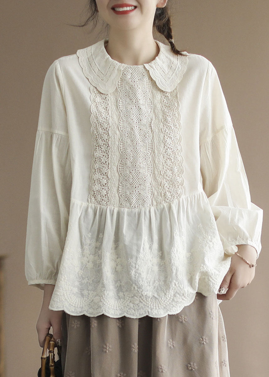 Apricot Peter Pan Collar Embroidered Cotton Shirt Tops Spring