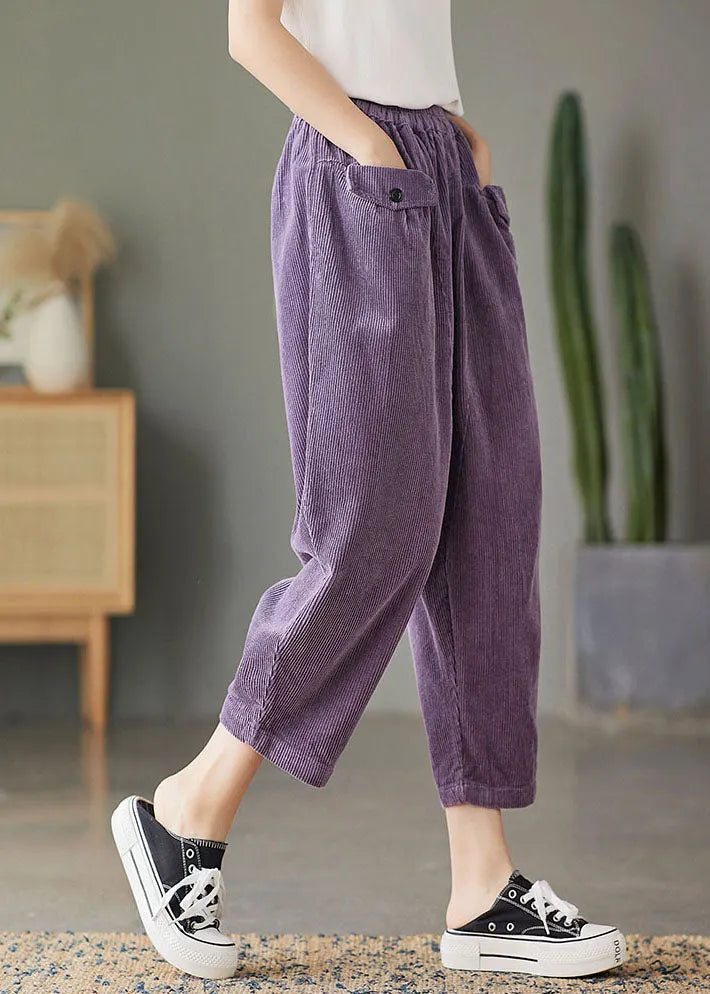 Purple Elastic Waist Pockets Corduroy Pants Spring