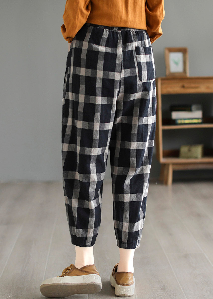 Black Plaid High Waist Linen Crop Pants