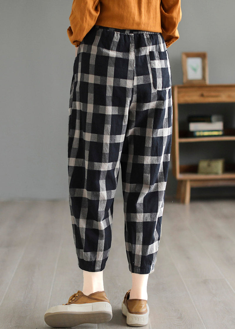 Black Plaid High Waist Linen Crop Pants