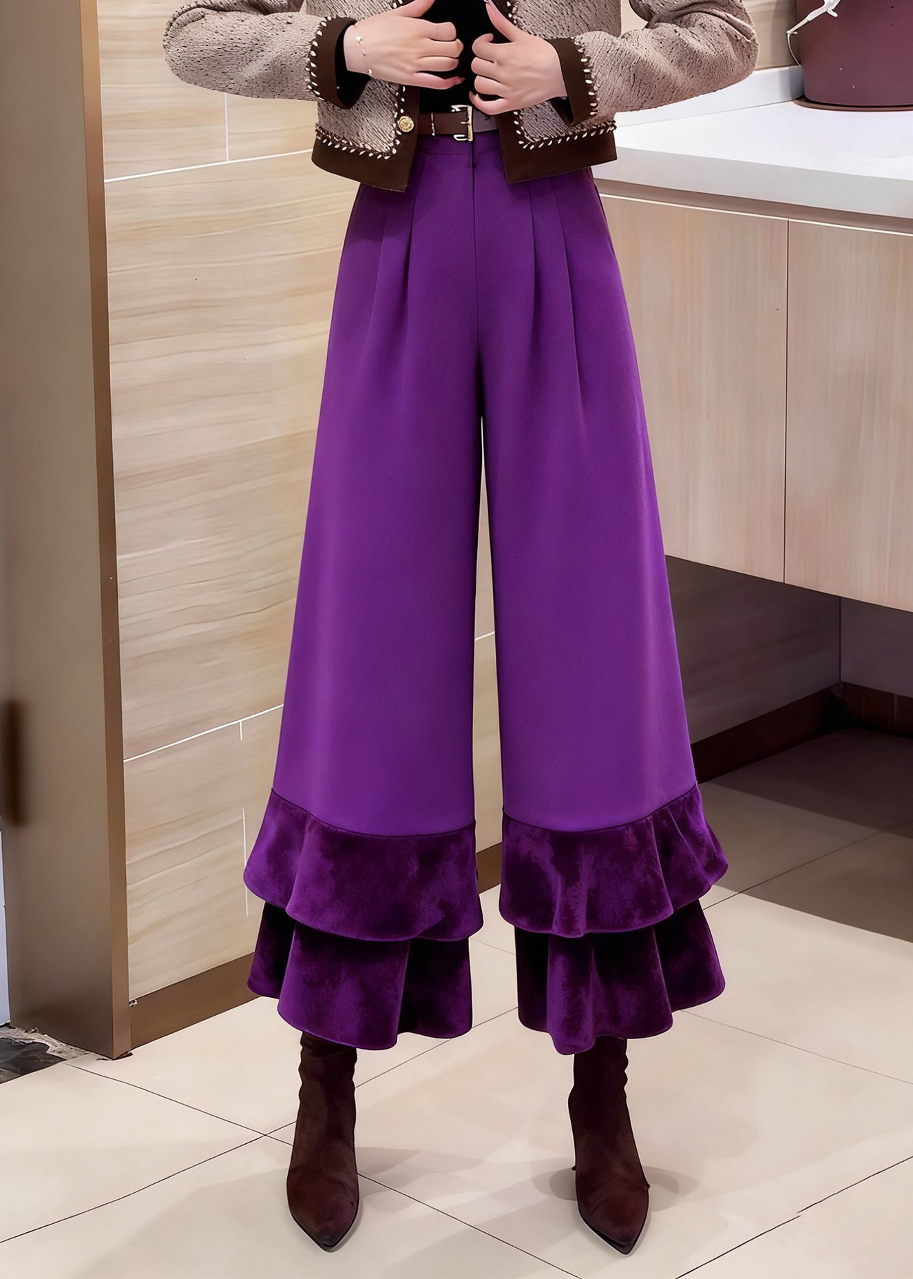 Purple Pockets High Waist Cotton Crop Pants Ruffled
