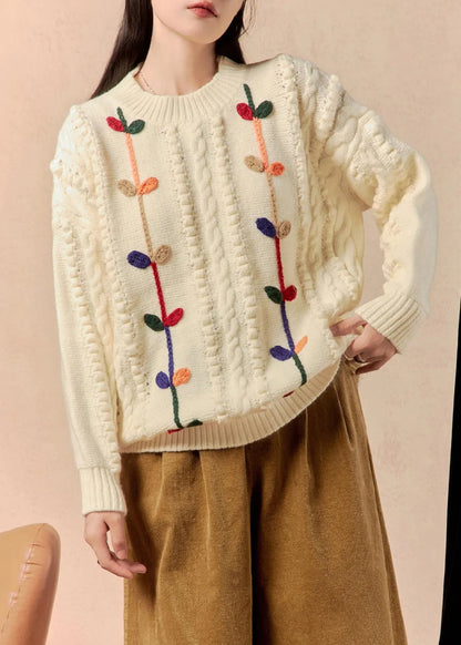Beige O Neck Cozy Cable Knit Sweater Winter
